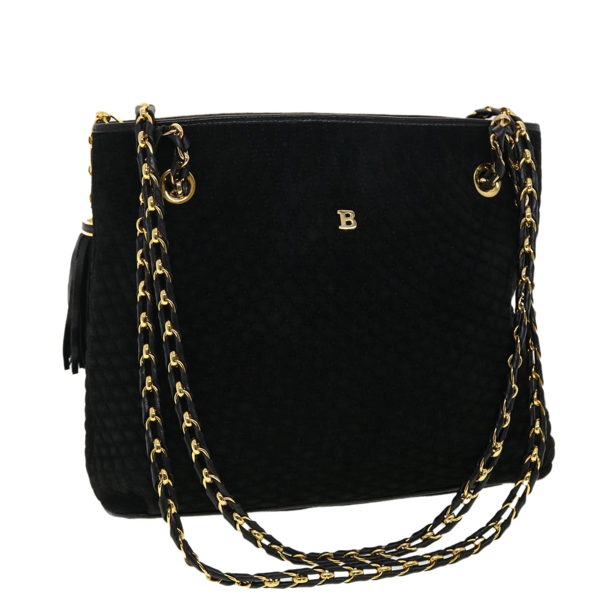 Bally Quilted Chain Shoulder Bag Suede Black Auth Yk6466